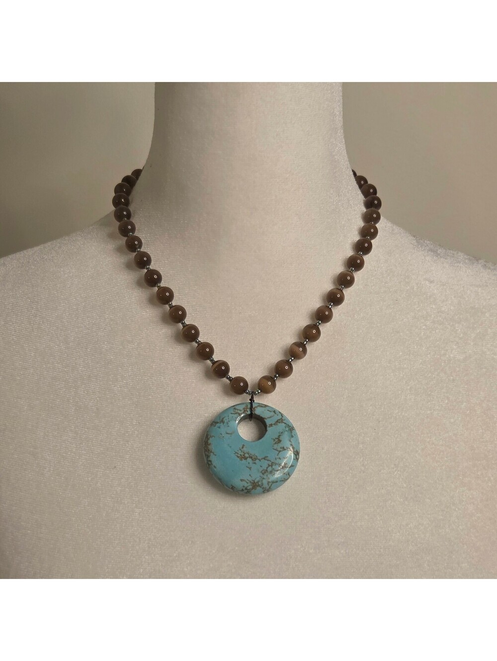 Turquoise Blue Circle Donut Pendant Necklace w/ Brown Beaded Chain Boho Western